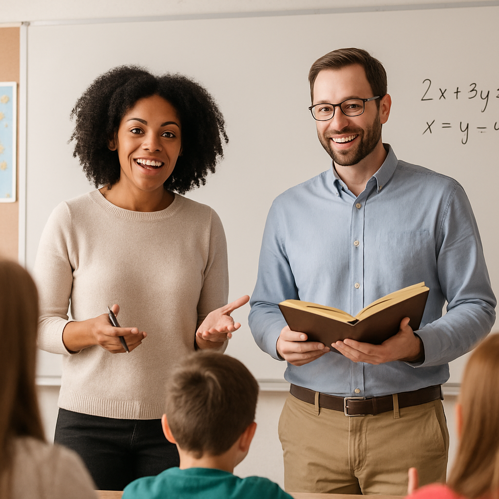 two teachers teaching together in a classroom