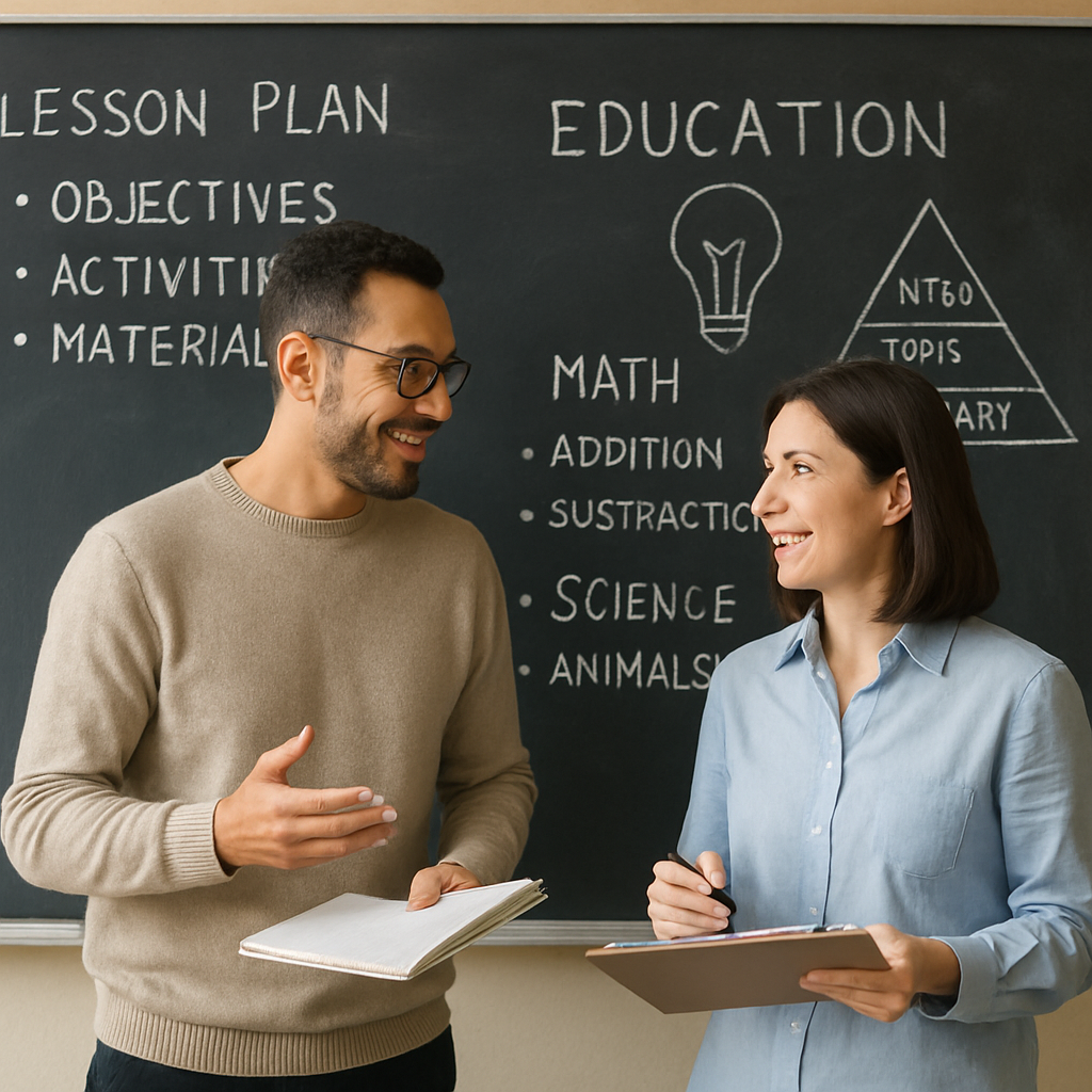 An image illustrating two teachers in a classroom setting actively discussing and planning their lessons The background features a blackboard with educational notes