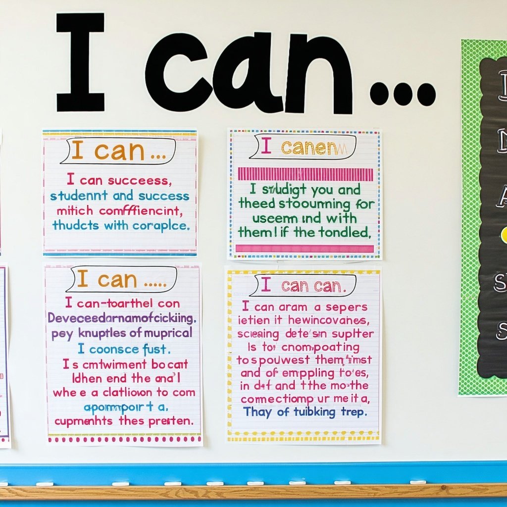 A classroom wall with clear I can statements and examples of student success