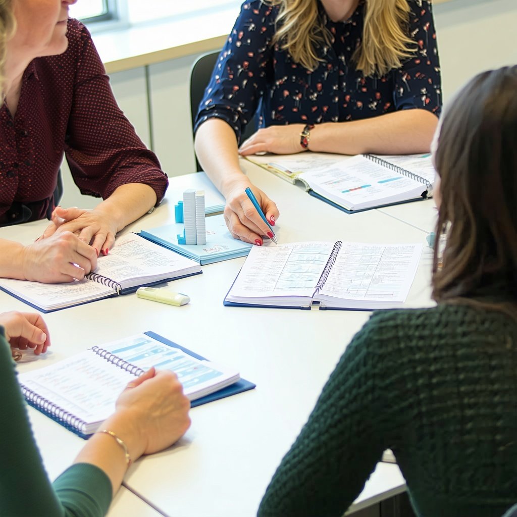 Educators in discussion around a table with grading policies or sample gradebooks