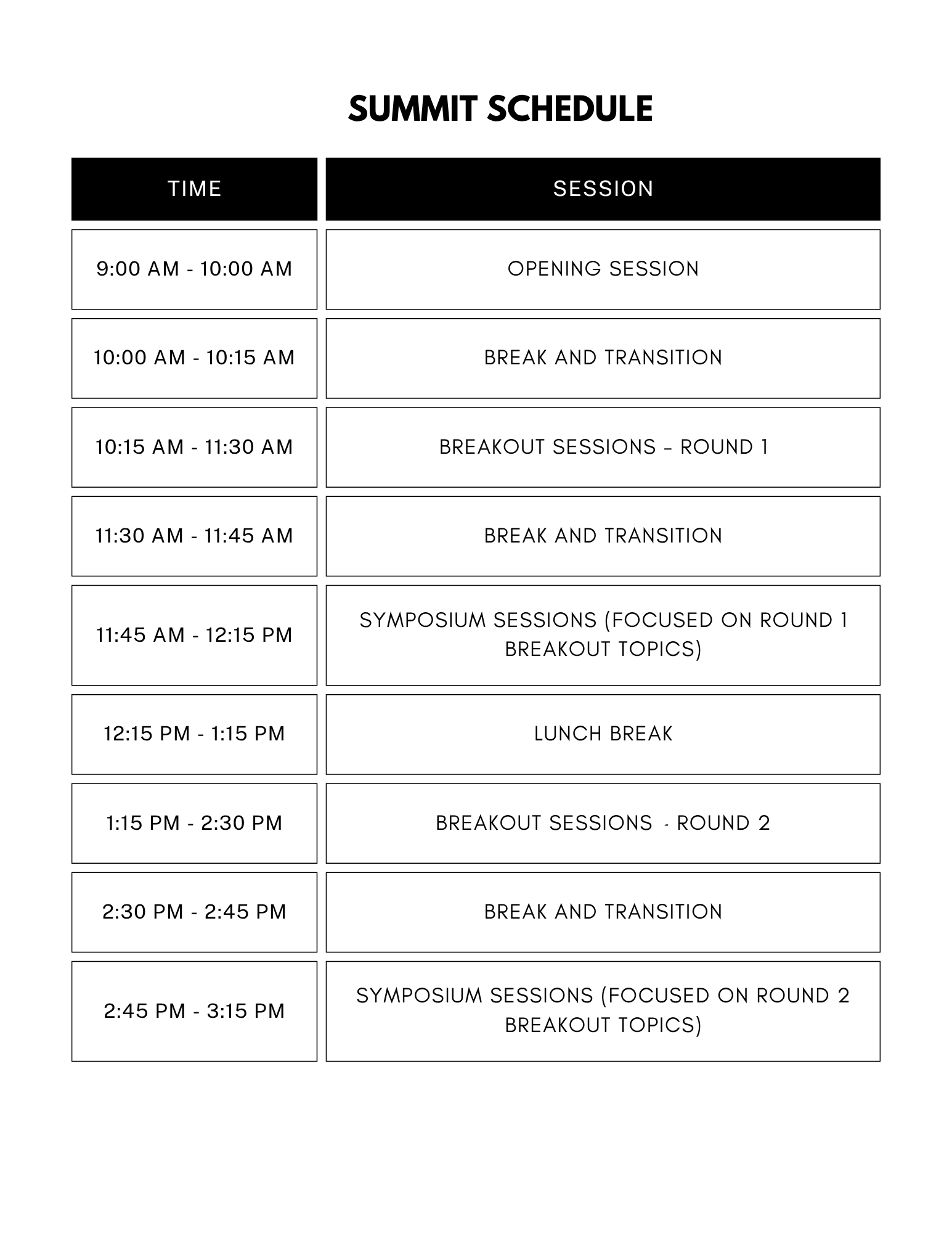 Fall 2025 Summit Schedule